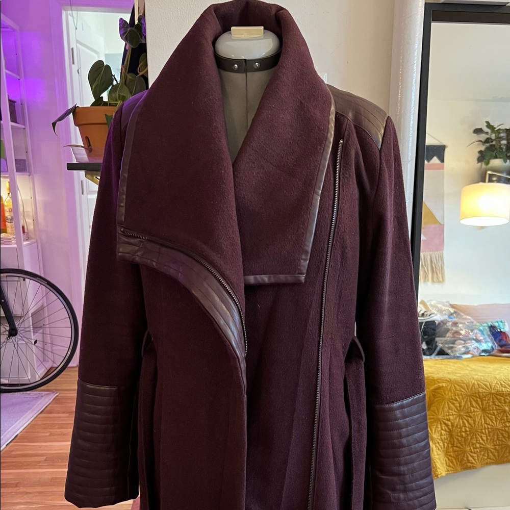 Bagatelle Aurora Faux Leather Detail, Wool Burgundy Belted Trench Coat, size M